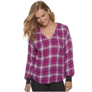 NWT Juicy Couture New Plaid Fuchsia Long Sleeve Tie Collar Size S